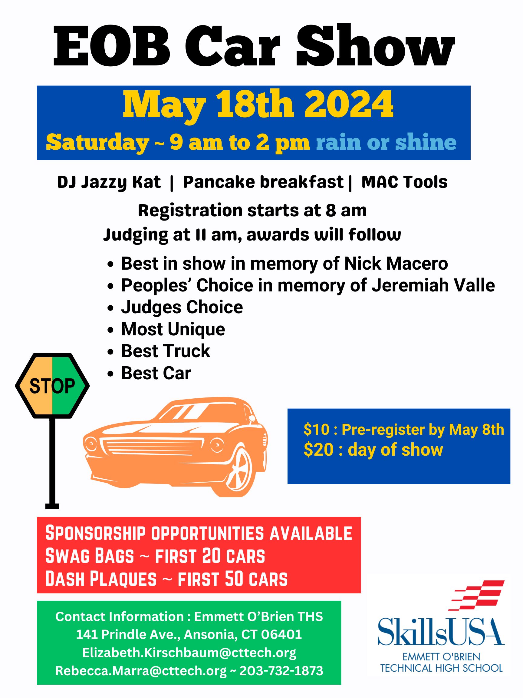 SkillsUSA sponsored Car Show. Happening rain or shie at EOB on May 18th, 2024 from 9-2. There will be a dj, pancake breakfast, MAC tools and awards for cars.